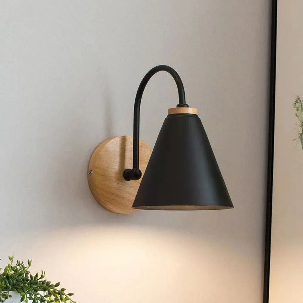 Scandinavian Cone Shade Curved Arm Wooden Wall Sconce - Tegulane Global
