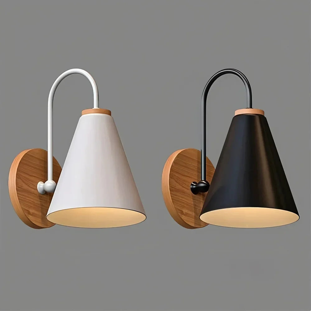Scandinavian Cone Shade Curved Arm Wooden Wall Sconce - Tegulane Global