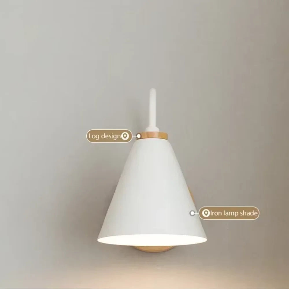 Scandinavian Cone Shade Curved Arm Wooden Wall Sconce - Tegulane Global