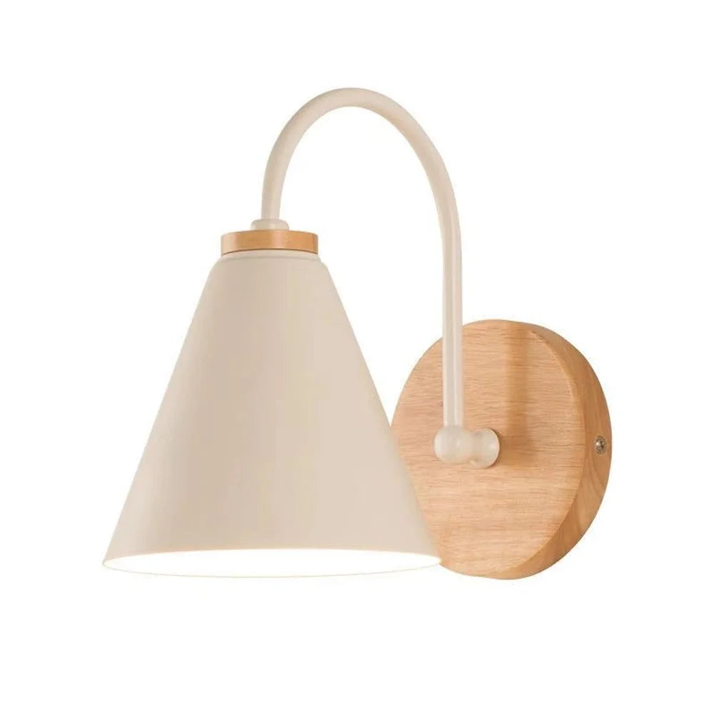 Scandinavian Cone Shade Curved Arm Wooden Wall Sconce - Tegulane Global