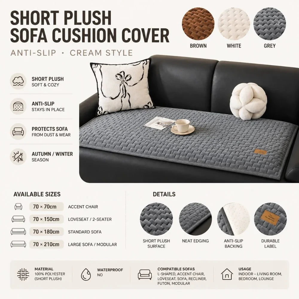 Short Plush Sofa Cushion Cover Anti-Slip Cream Style - Tegulane Global