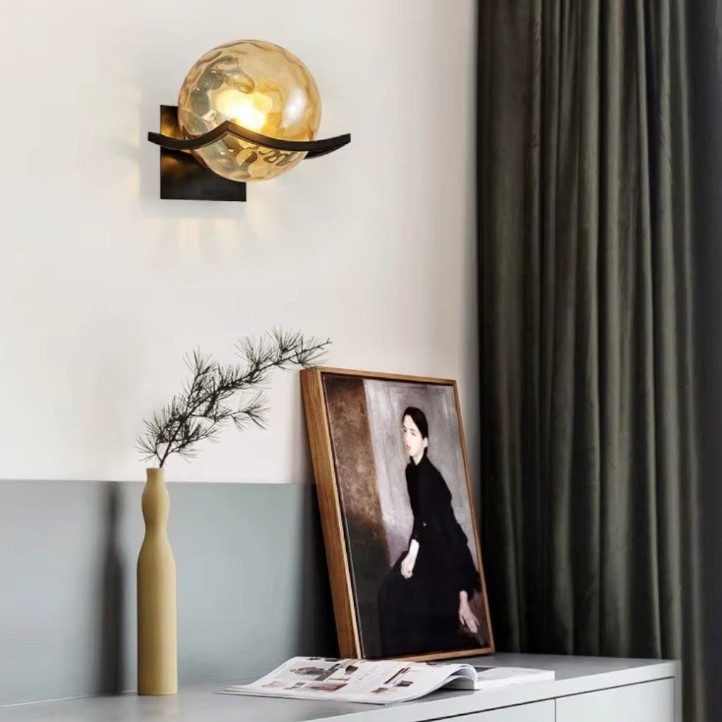 Sirius Glass Globe Wall Sconce with Black Finish - Tegulane Global