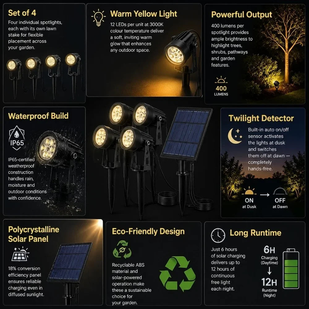 Solar Garden Spotlights - 4-Pack IP65 Waterproof LED Light - Tegulane Global