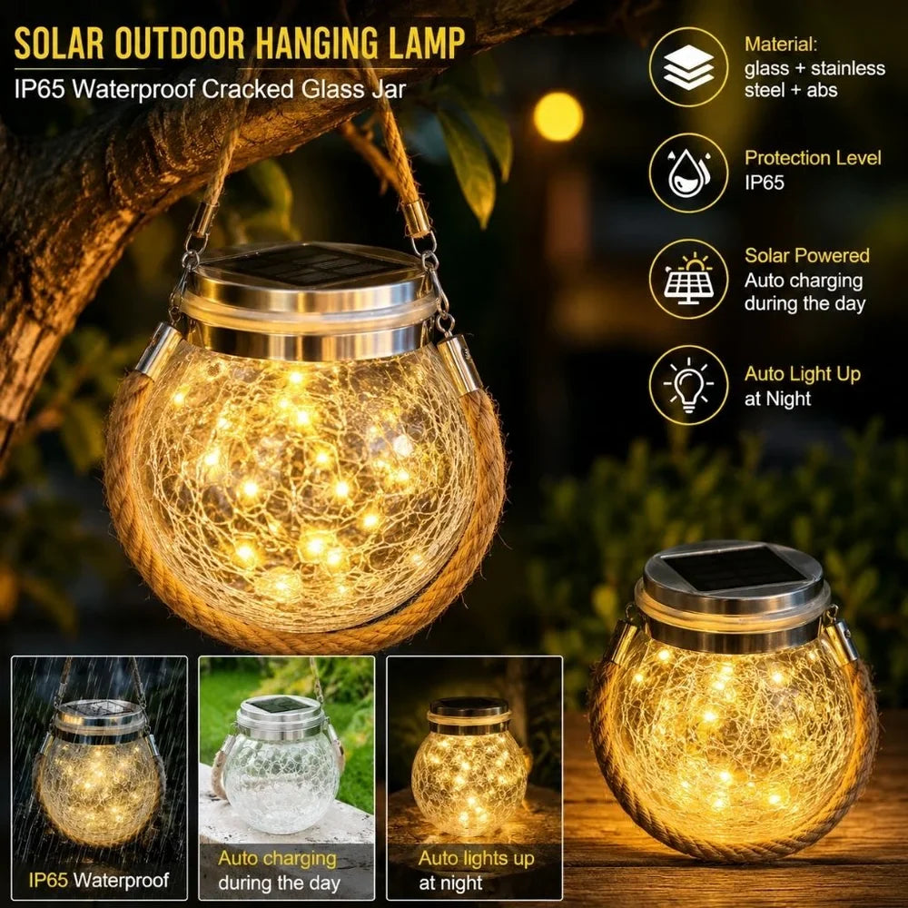 Solar Outdoor Hanging Lamp IP65 Waterproof Cracked Glass Jar - Tegulane Global