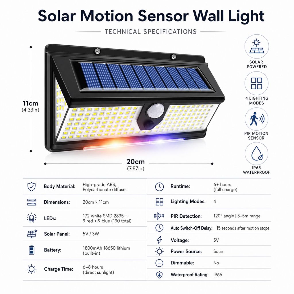 Solar Outdoor Wall Light LED PIR Motion Sensor IP65 - Tegulane Global