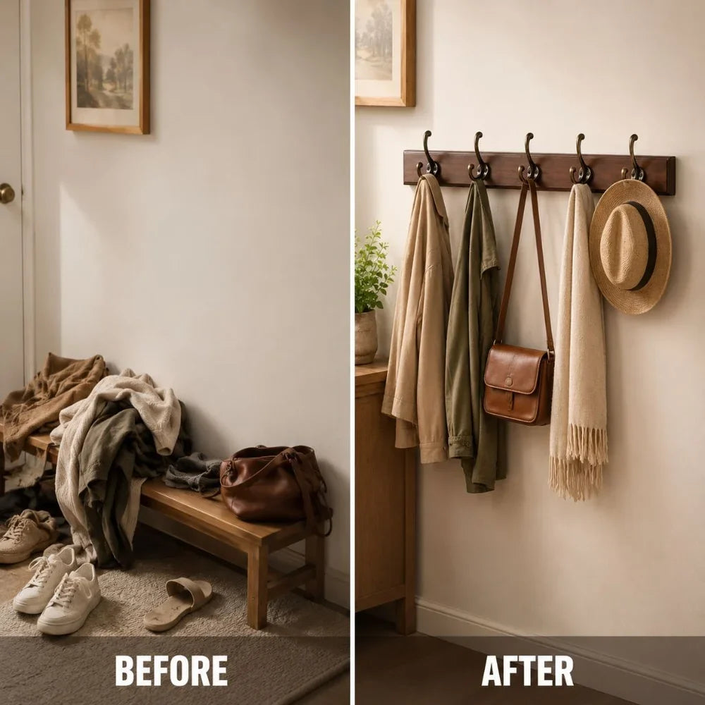 Solid Wood Wall Coats & Hats Rack with Hooks | Hallway Storage - Tegulane Global