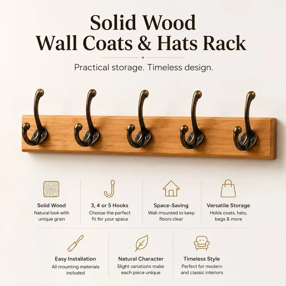 Solid Wood Wall Coats & Hats Rack with Hooks | Hallway Storage - Tegulane Global