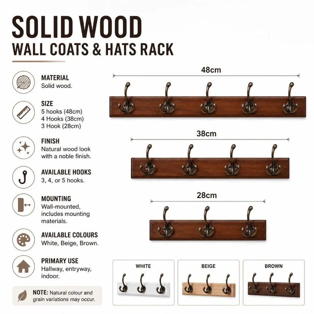 Solid Wood Wall Coats & Hats Rack with Hooks | Hallway Storage - Tegulane Global
