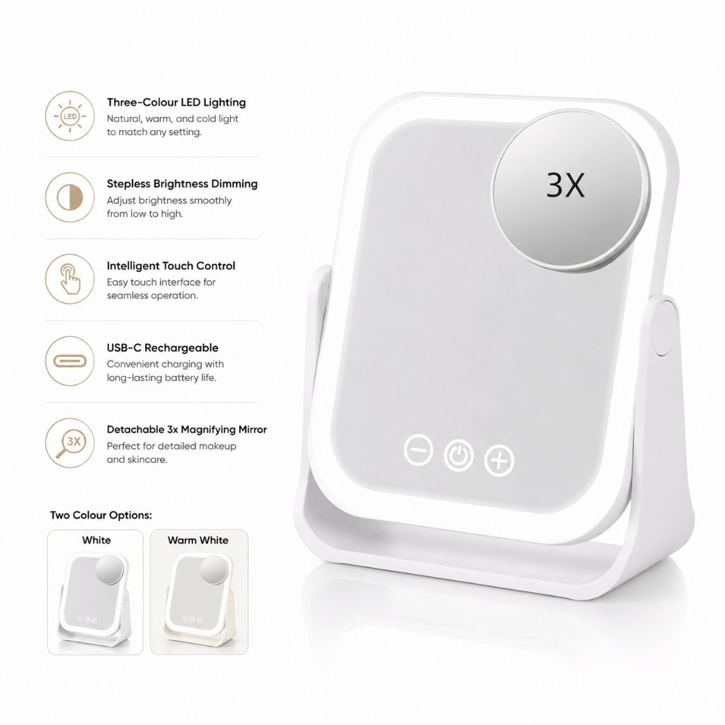 Square LED Makeup Mirror Portable Flip Rechargeable Touch Dimming - Tegulane Global