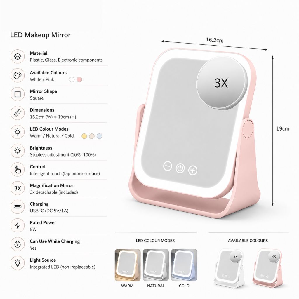 Square LED Makeup Mirror Portable Flip Rechargeable Touch Dimming - Tegulane Global
