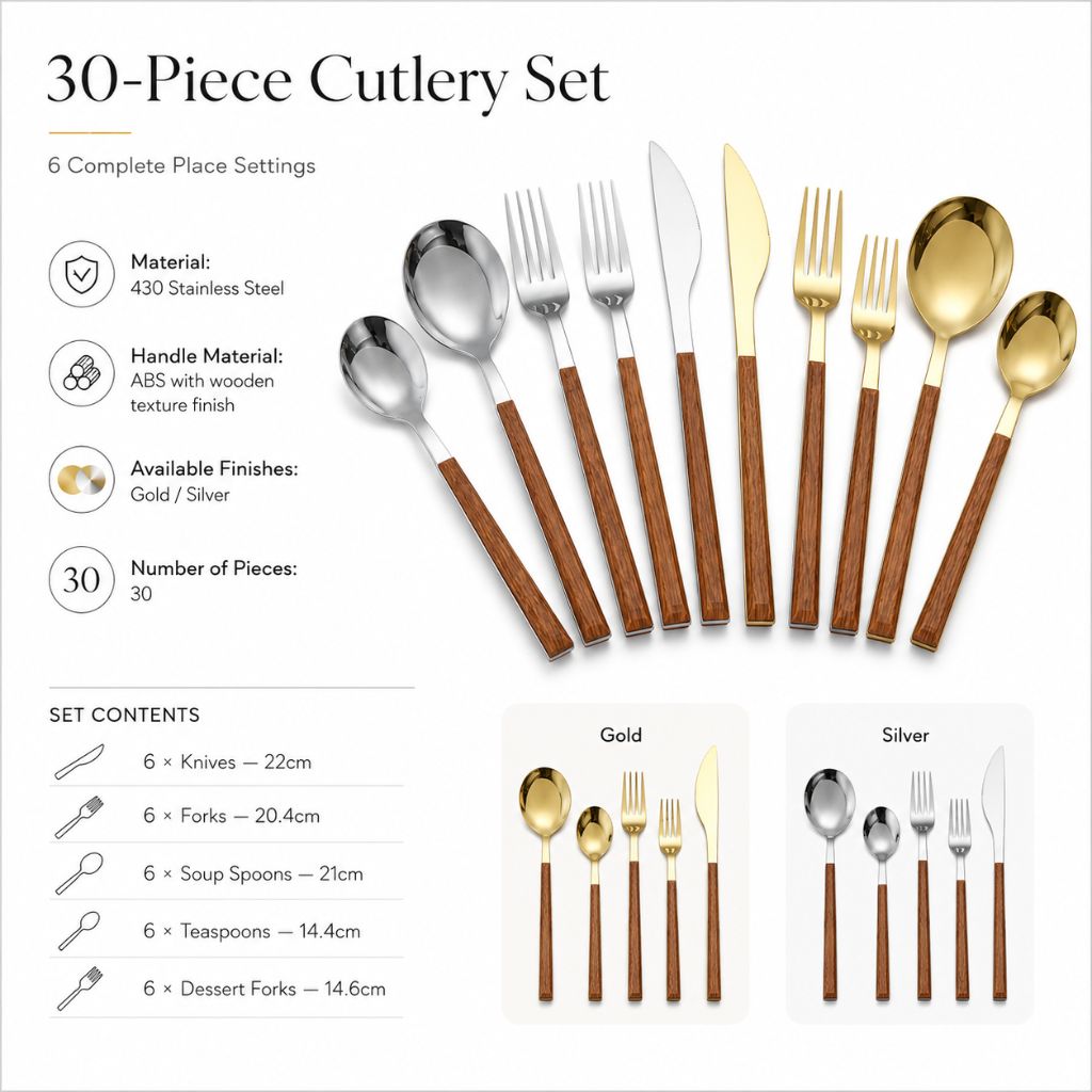 Stainless Steel Cutlery Set with Wood Handle - Tegulane Global