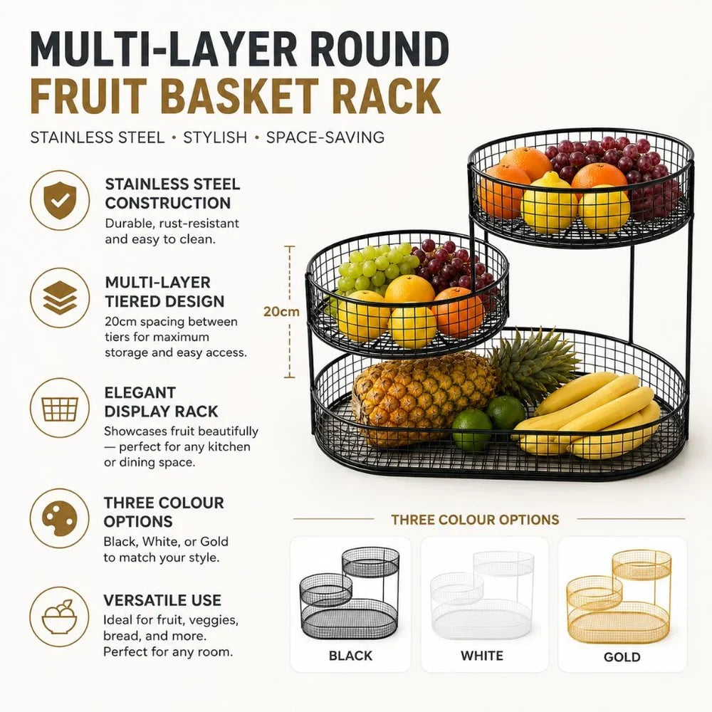 Stainless Steel Multi-Layer Round Fruit Basket Display Rack - Tegulane Global