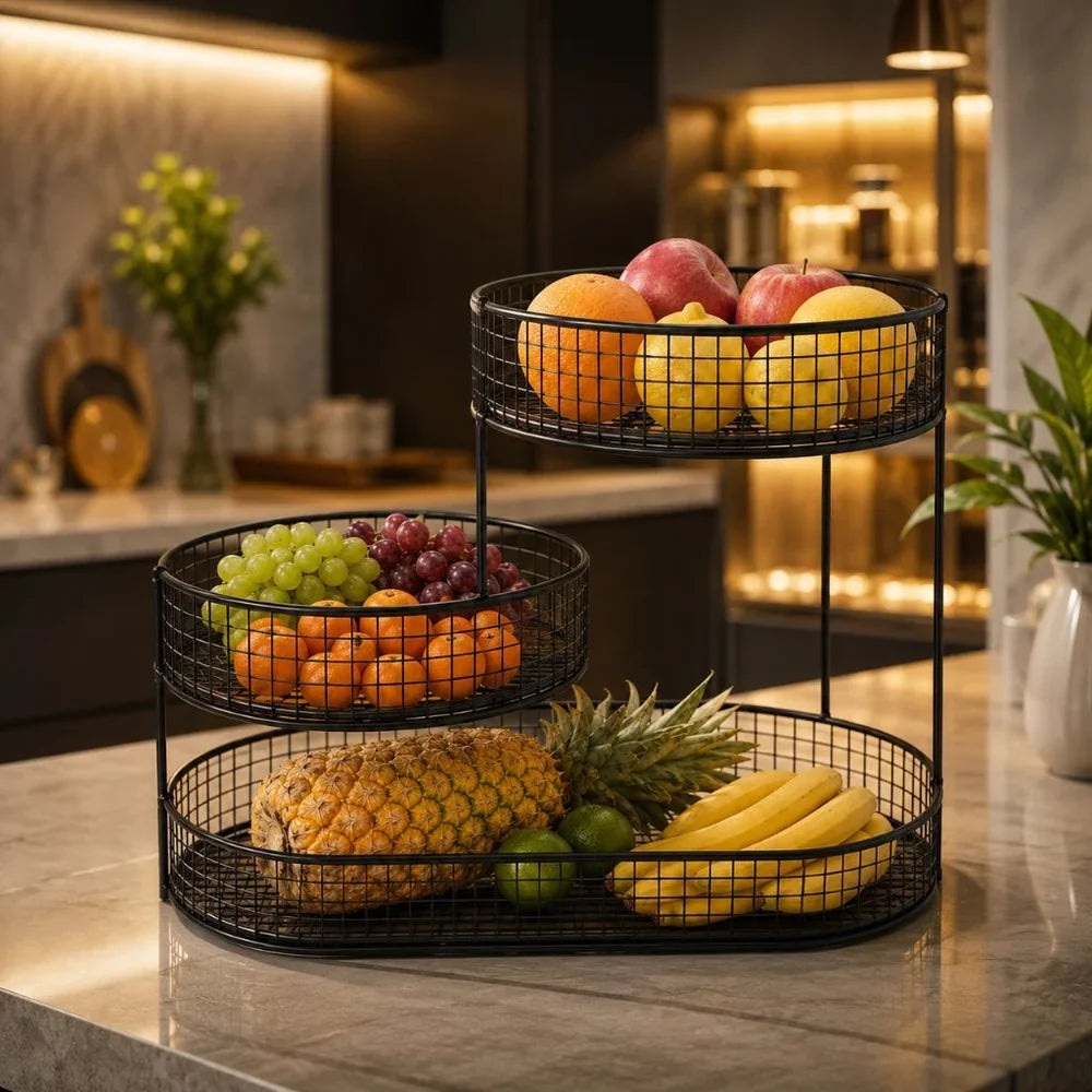 Stainless Steel Multi-Layer Round Fruit Basket Display Rack - Tegulane Global