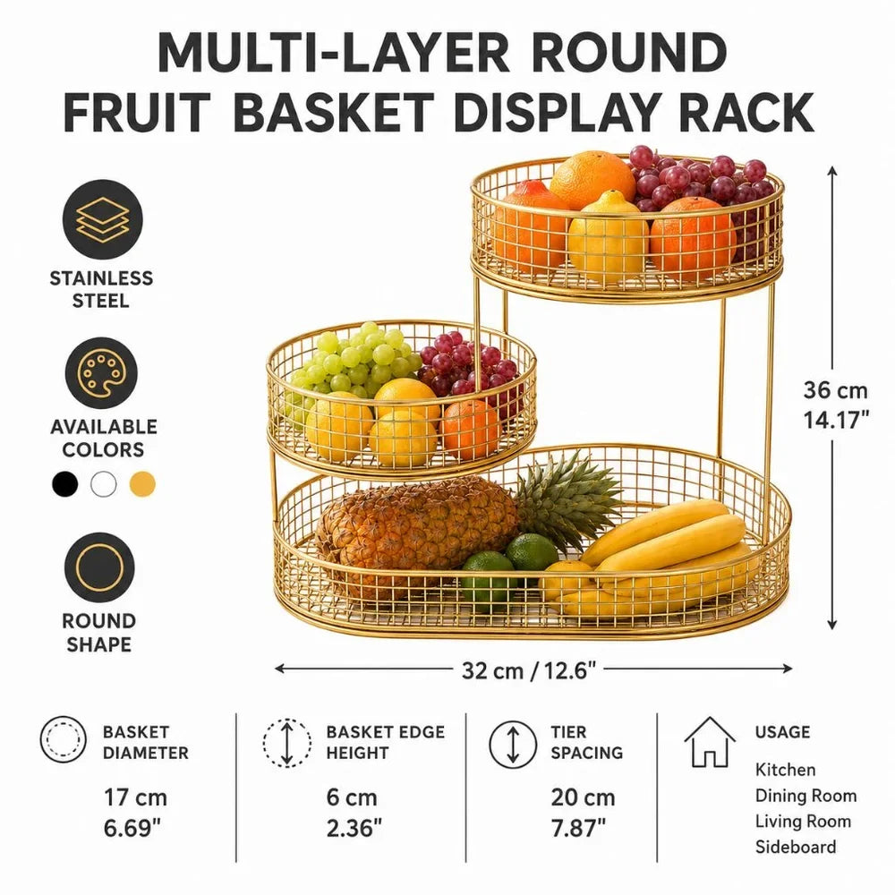 Stainless Steel Multi-Layer Round Fruit Basket Display Rack - Tegulane Global