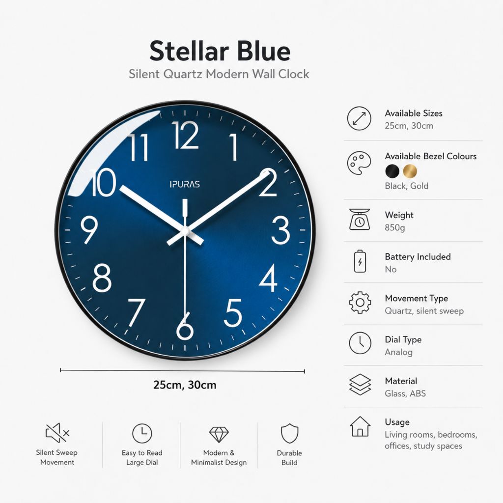 Stellar Blue Silent Quartz Modern Wall Clock - Tegulane Global