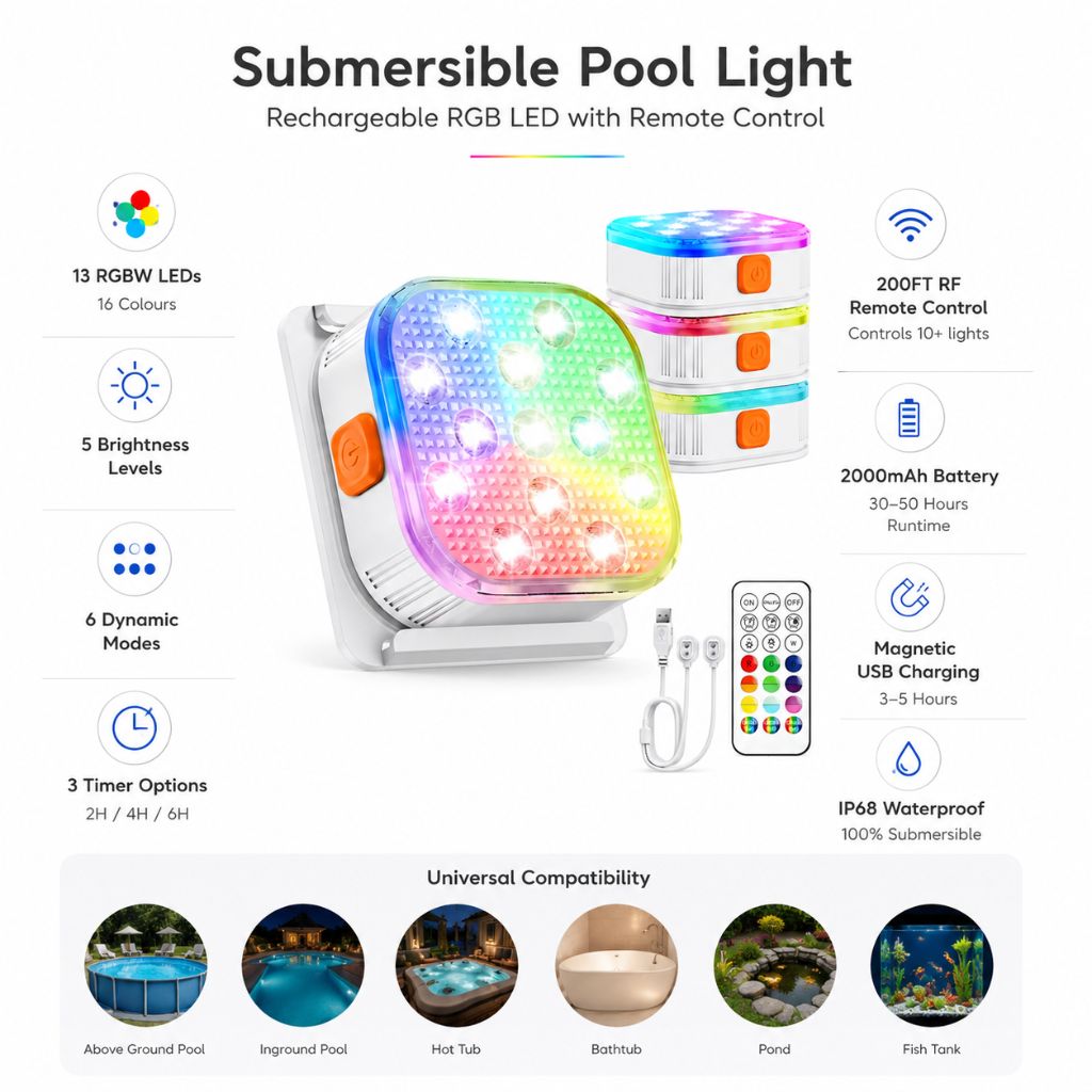 Submersible Pool Light Rechargeable RGB LED with Remote Control - Tegulane Global