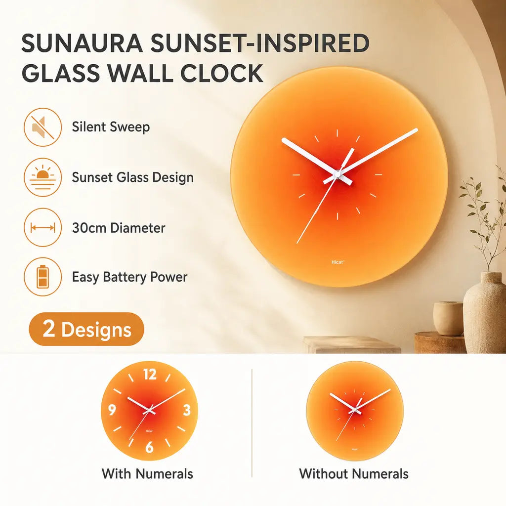 SunAura Sunset-Inspired Glass Wall Clock - Tegulane Global