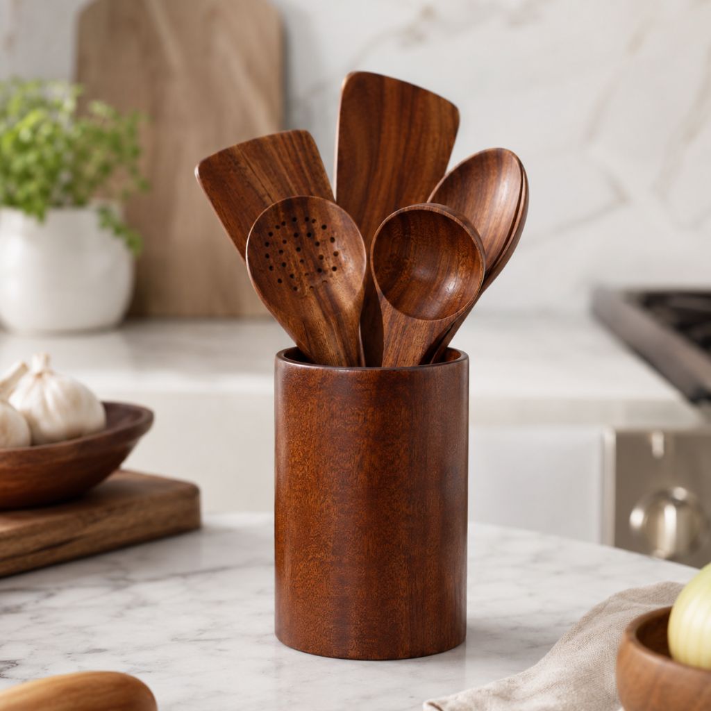 Teak Wood Kitchen Utensil Holder - Tegulane Global