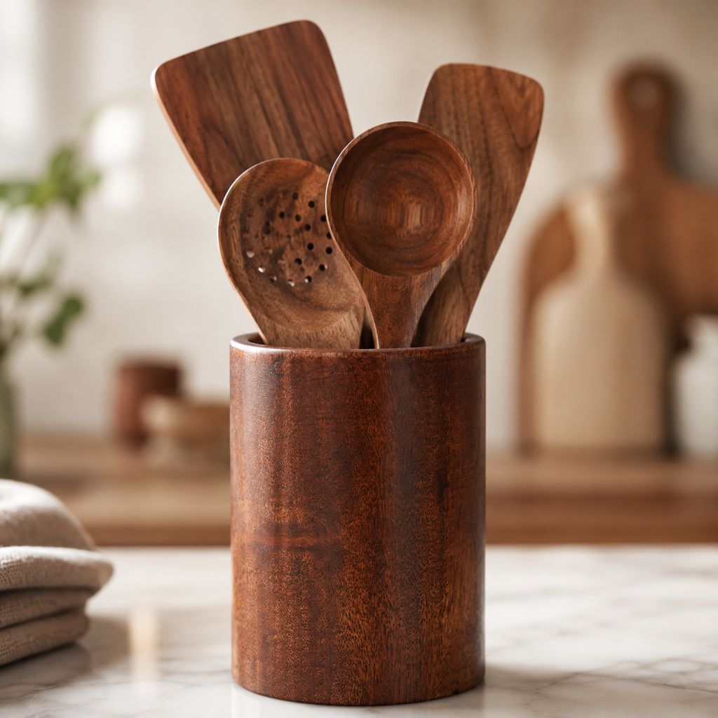 Teak Wood Kitchen Utensil Holder - Tegulane Global