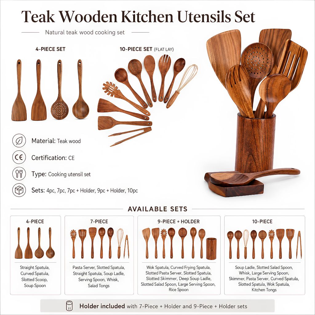 Teak Wooden Kitchen Utensils Set - Tegulane Global
