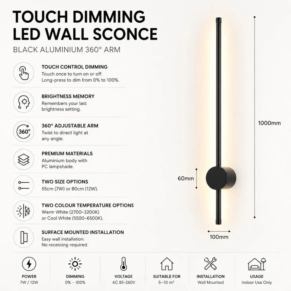 Touch Dimming LED Wall Sconce Black Aluminium 360 Arm - Tegulane Global