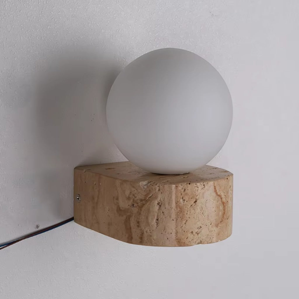 Travertine Stone Bedside Globe Wall Sconce Japanese Wabi Sabi - Tegulane Global