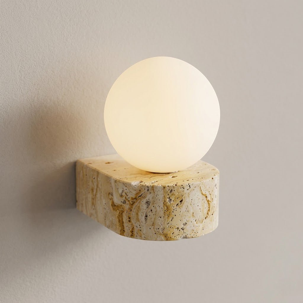 Travertine Stone Bedside Globe Wall Sconce Japanese Wabi Sabi - Tegulane Global
