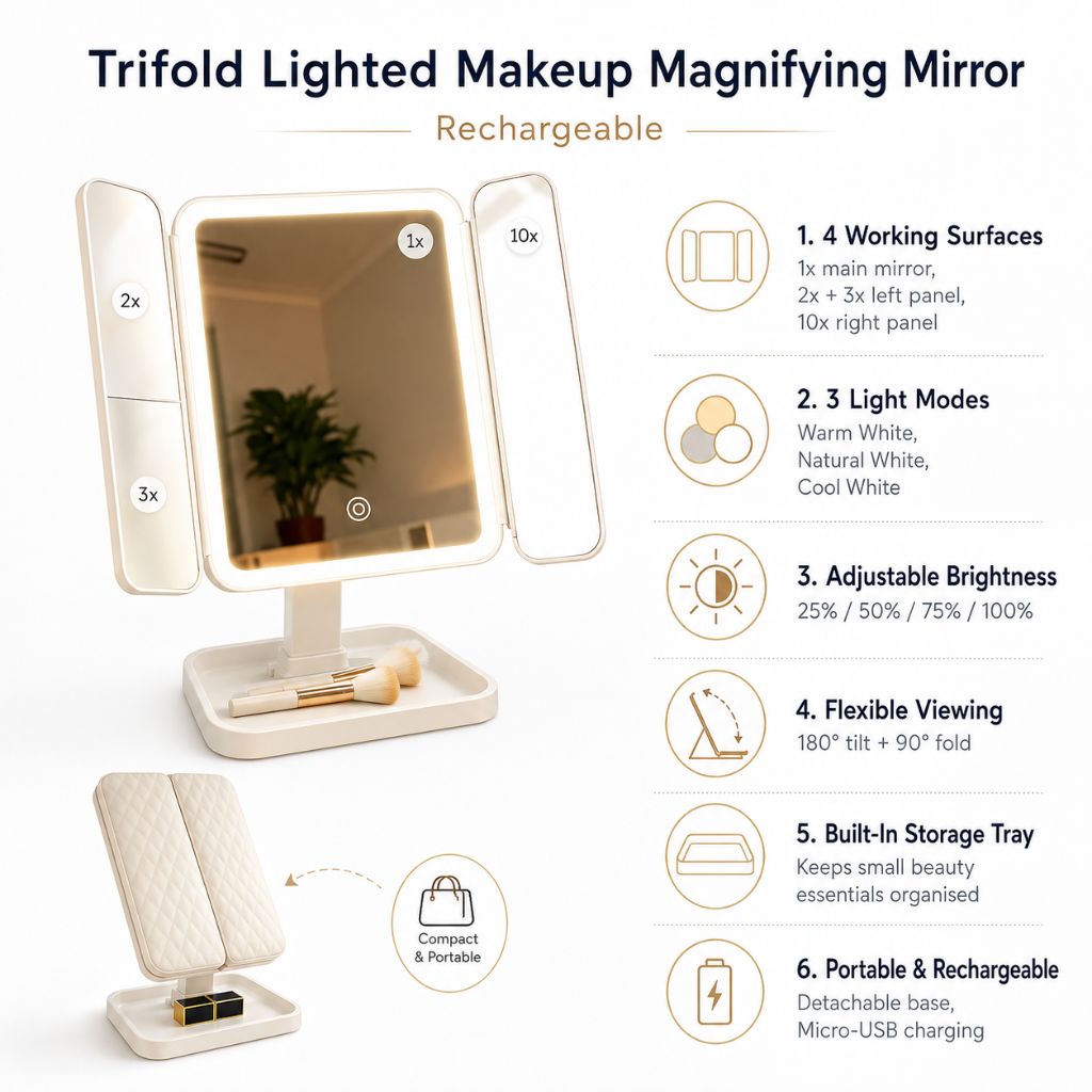 Trifold Lighted Makeup Magnifying Mirror Rechargeable - Tegulane Global