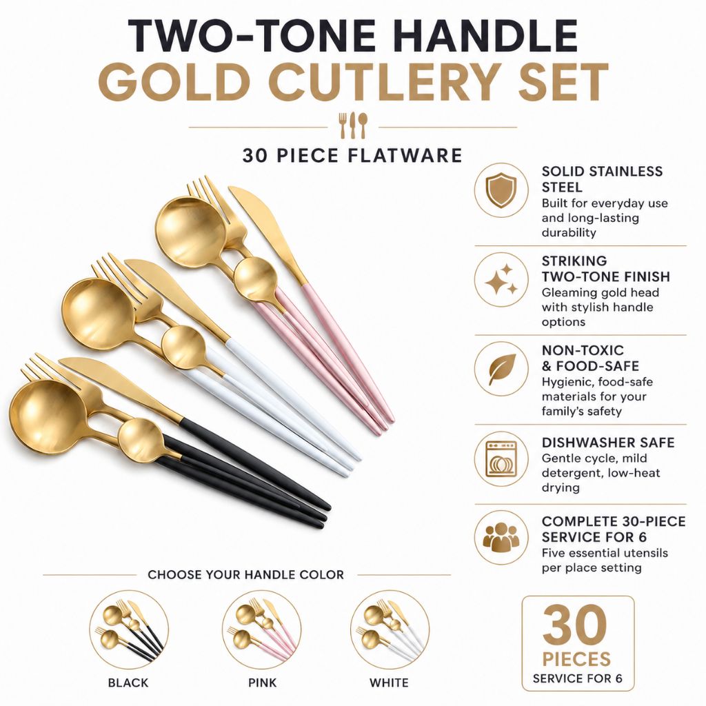 Two-Tone Handle Gold Cutlery Set - 30 Piece Flatware - Tegulane Global
