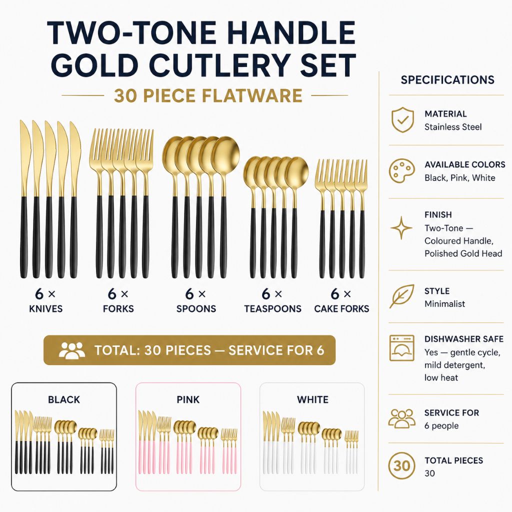 Two-Tone Handle Gold Cutlery Set - 30 Piece Flatware - Tegulane Global