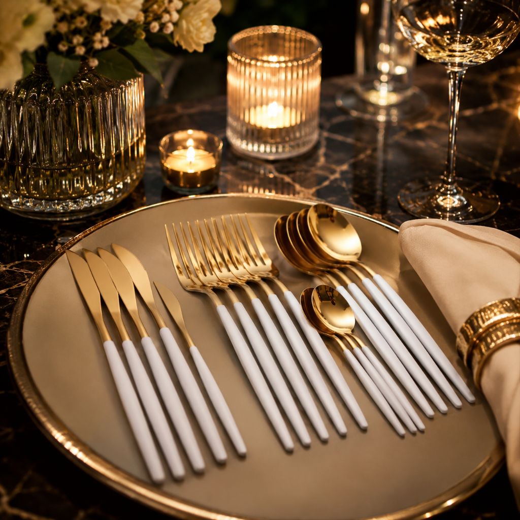 Two-Tone Handle Gold Cutlery Set - 30 Piece Flatware - Tegulane Global