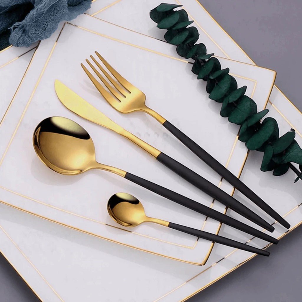 Two-Tone Handle Gold Cutlery Set - 30 Piece Flatware - Tegulane Global