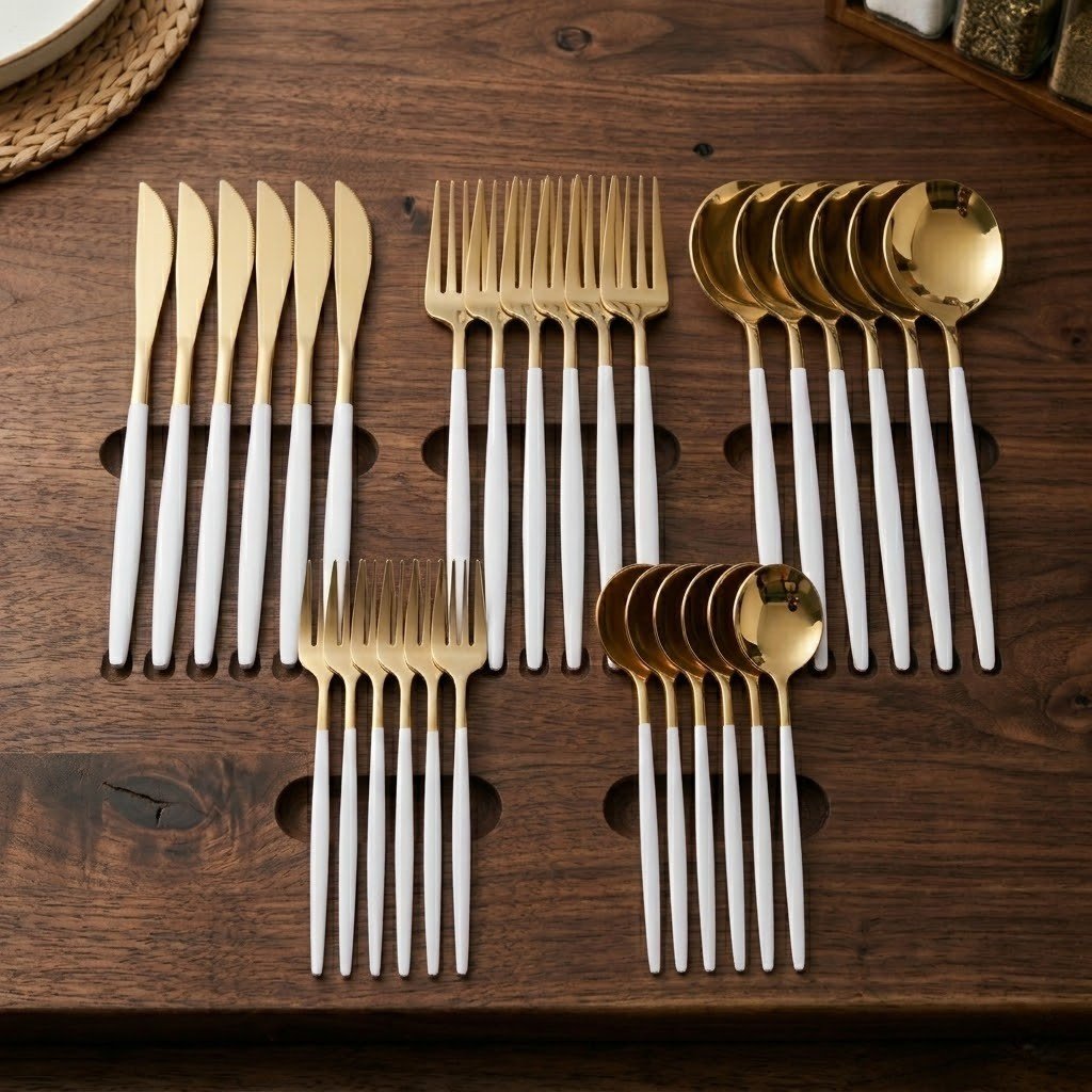 Two-Tone Handle Gold Cutlery Set - 30 Piece Flatware - Tegulane Global