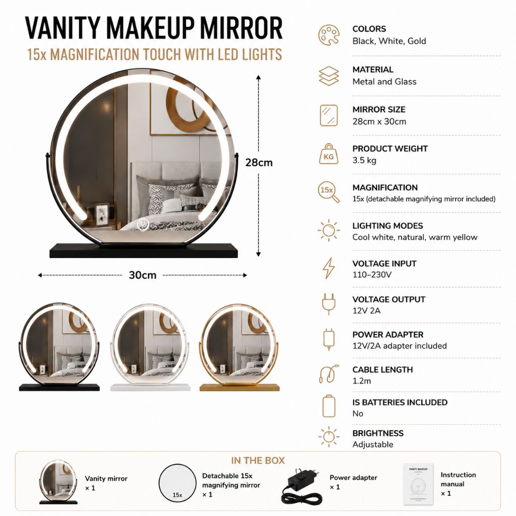 Vanity Makeup Mirror 15x Magnification Touch with LED Lights - Tegulane Global