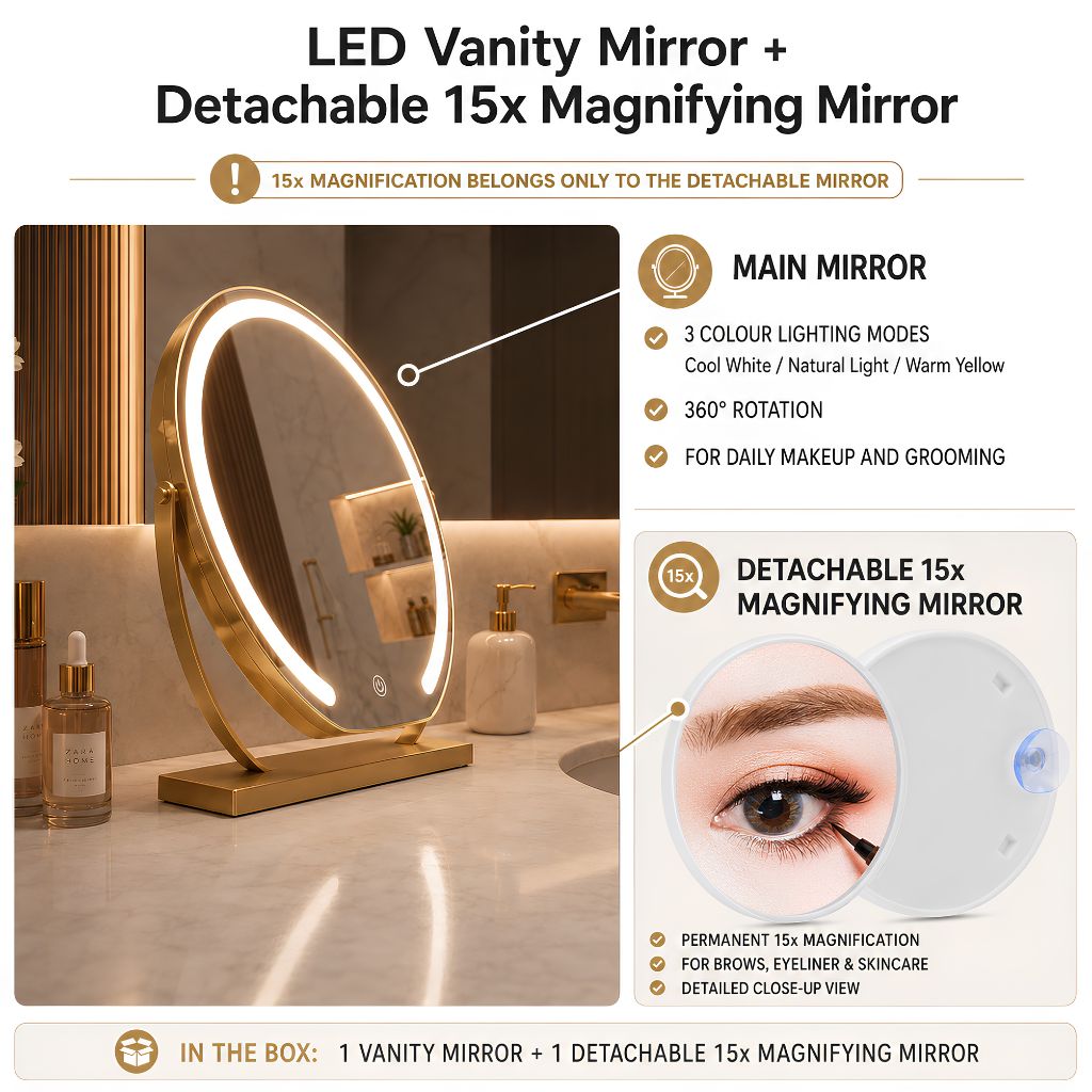 Vanity Makeup Mirror 15x Magnification Touch with LED Lights - Tegulane Global