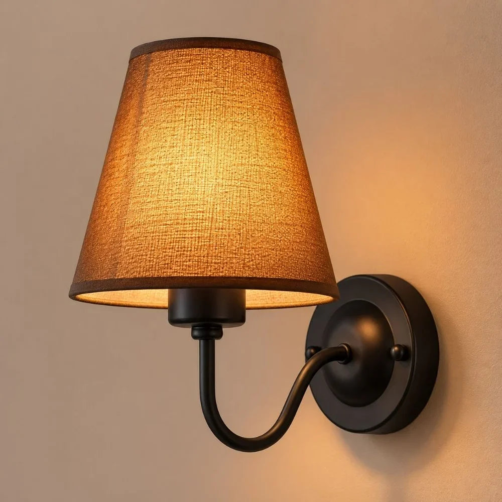 Vintage Curved Arm Metal Wall Sconce with Fabric Conical Shade - Tegulane Global