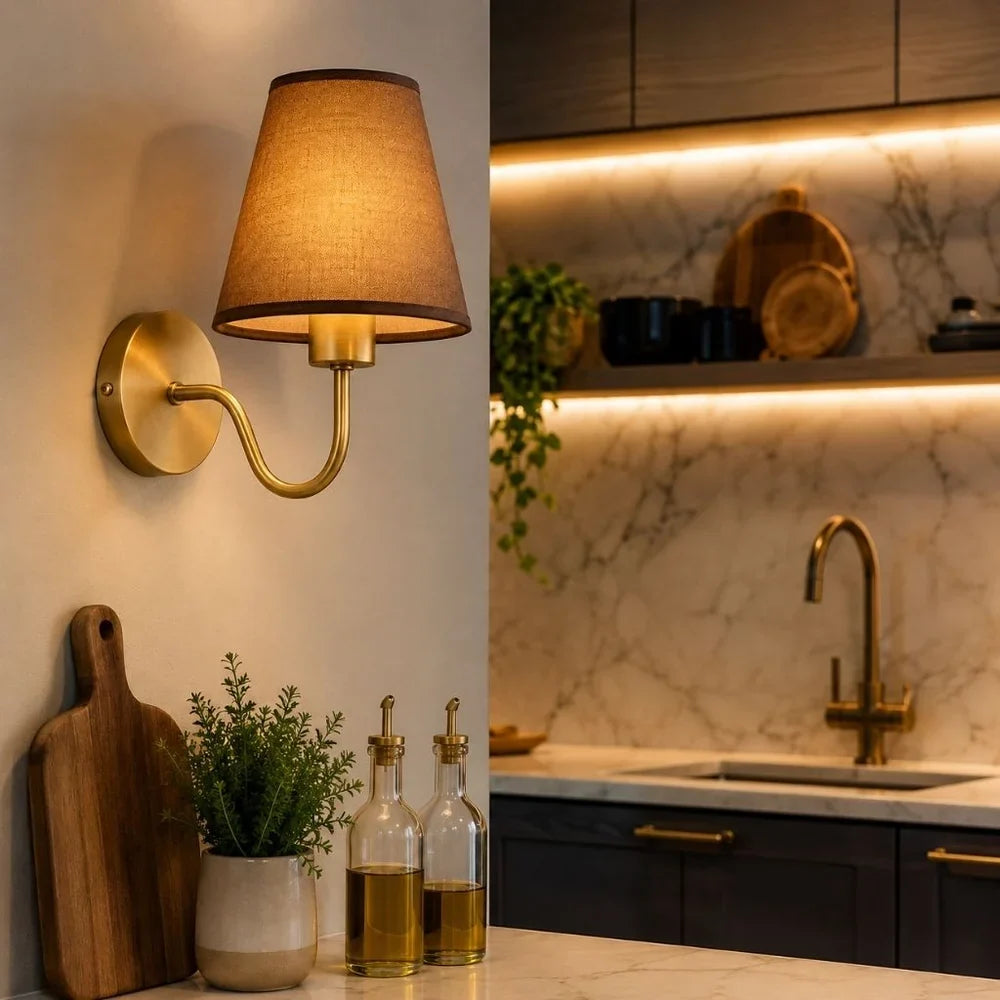 Vintage Curved Arm Metal Wall Sconce with Fabric Conical Shade - Tegulane Global
