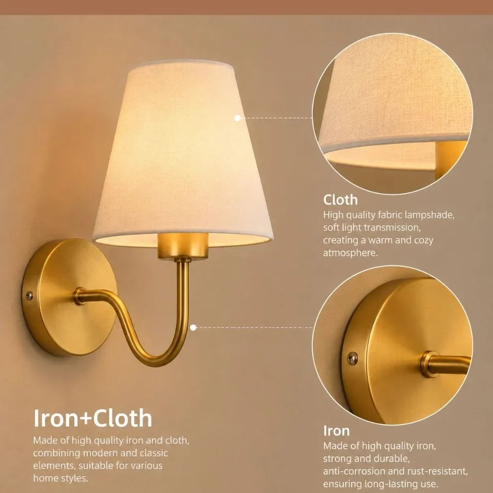 Vintage Curved Arm Metal Wall Sconce with Fabric Conical Shade - Tegulane Global