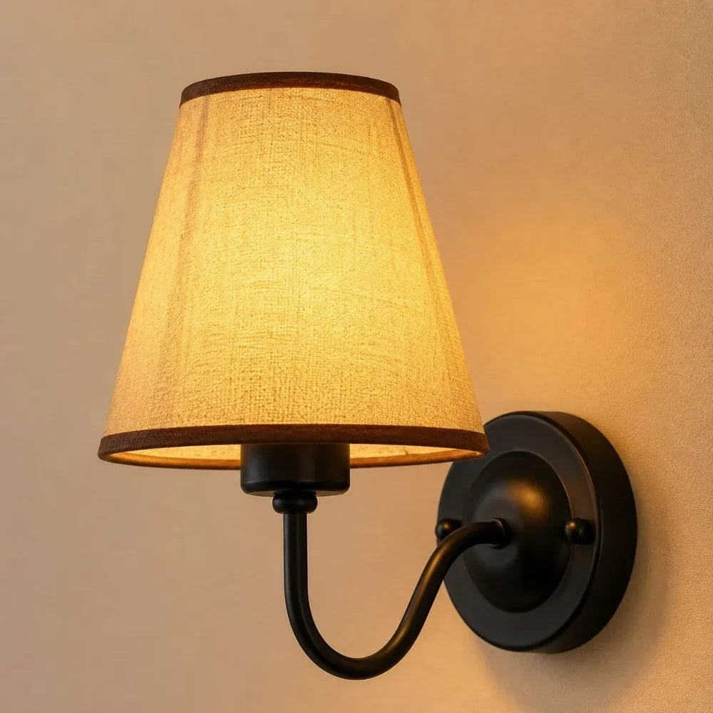 Vintage Curved Arm Metal Wall Sconce with Fabric Conical Shade - Tegulane Global