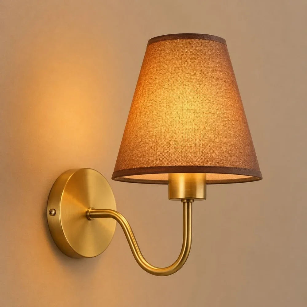 Vintage Curved Arm Metal Wall Sconce with Fabric Conical Shade - Tegulane Global
