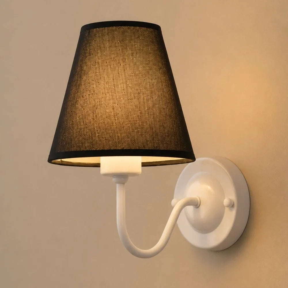 Vintage Curved Arm Metal Wall Sconce with Fabric Conical Shade - Tegulane Global