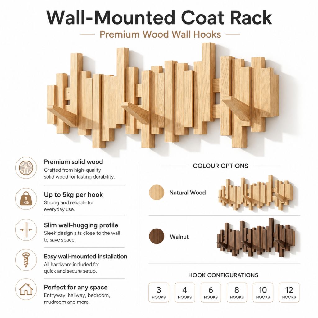 Wall-Mounted Coat Rack | Premium Wood Wall Hooks - Tegulane Global