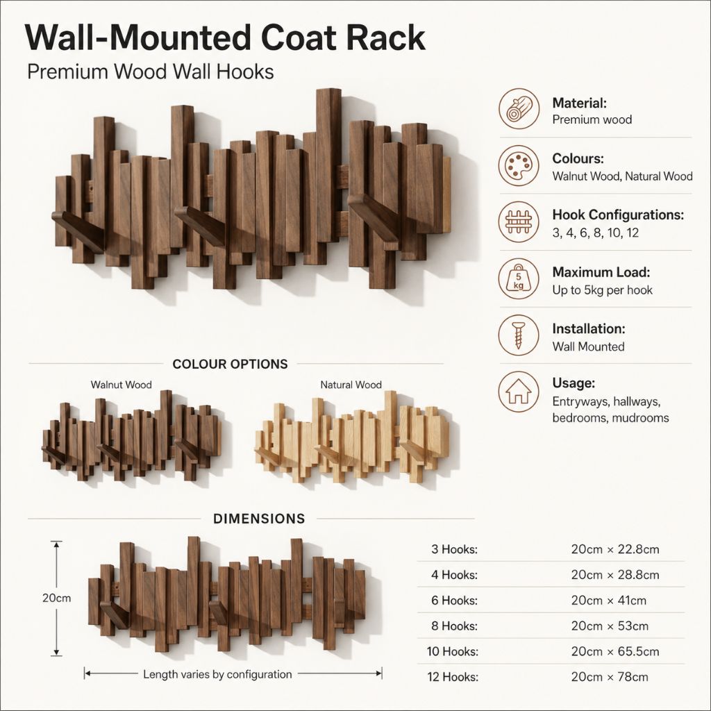 Wall-Mounted Coat Rack | Premium Wood Wall Hooks - Tegulane Global
