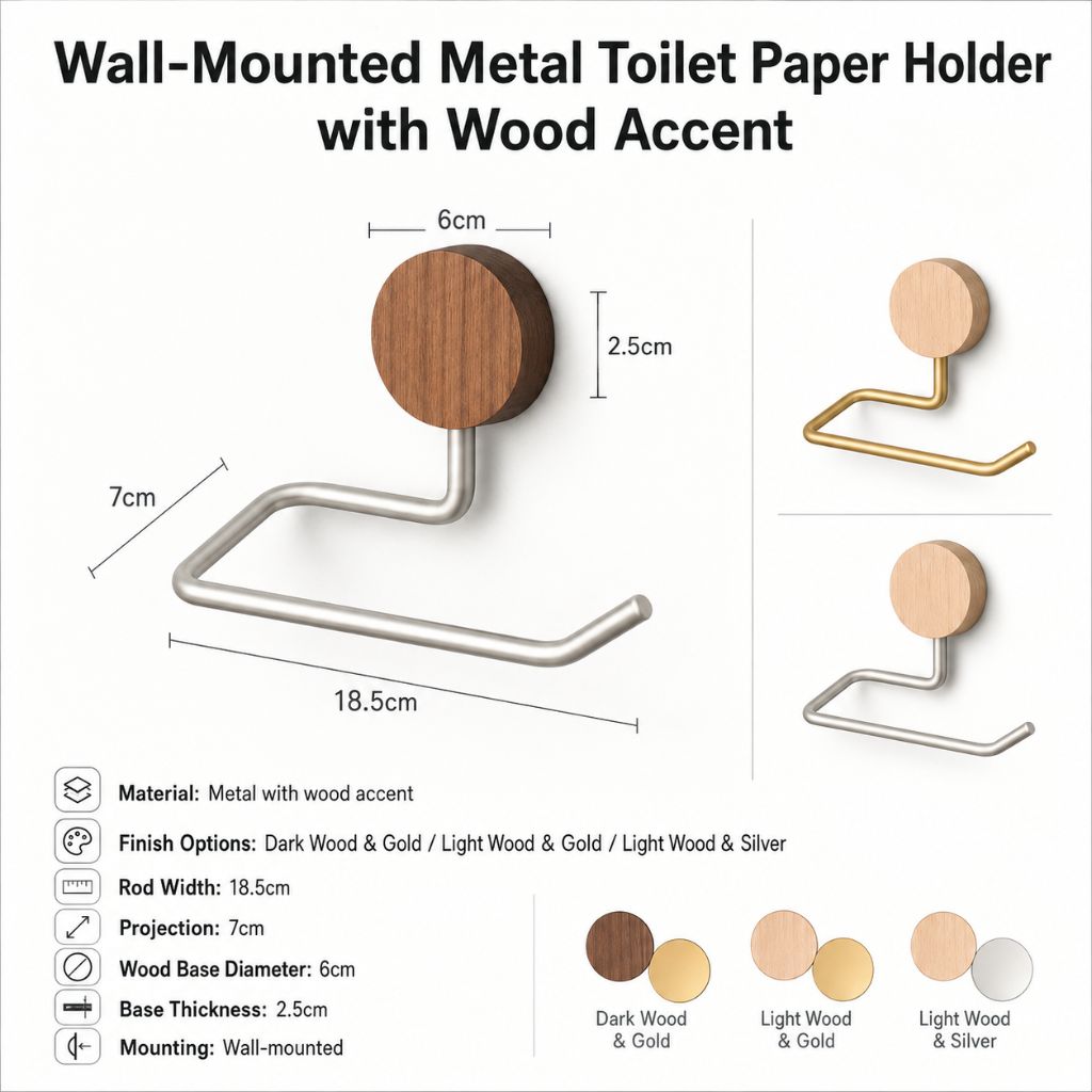 Wall-Mounted Metal Toilet Paper Holder with Wood Accent - Tegulane Global
