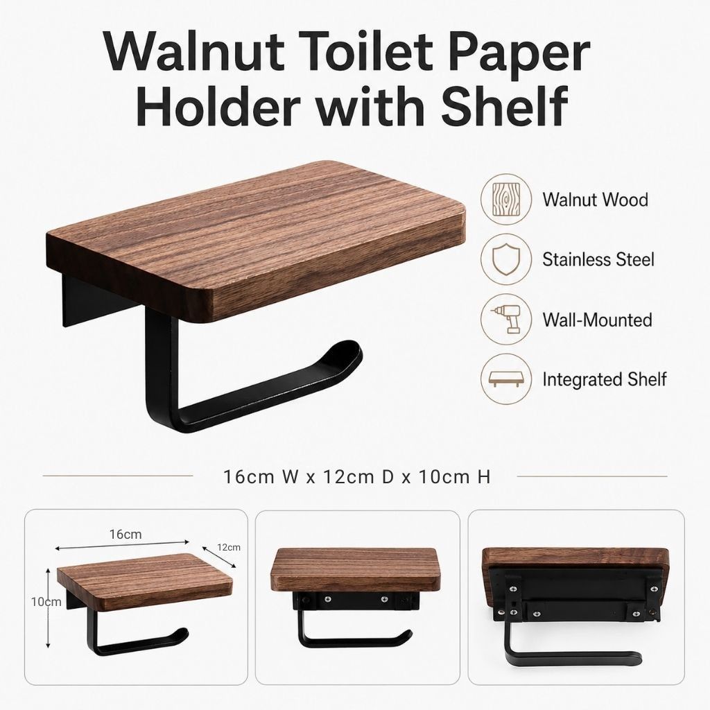 Wall-Mounted Walnut Toilet Paper Holder with Shelf - Tegulane Global