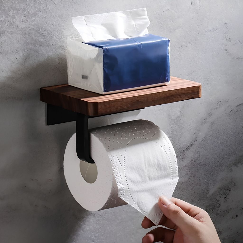 Wall-Mounted Walnut Toilet Paper Holder with Shelf - Tegulane Global
