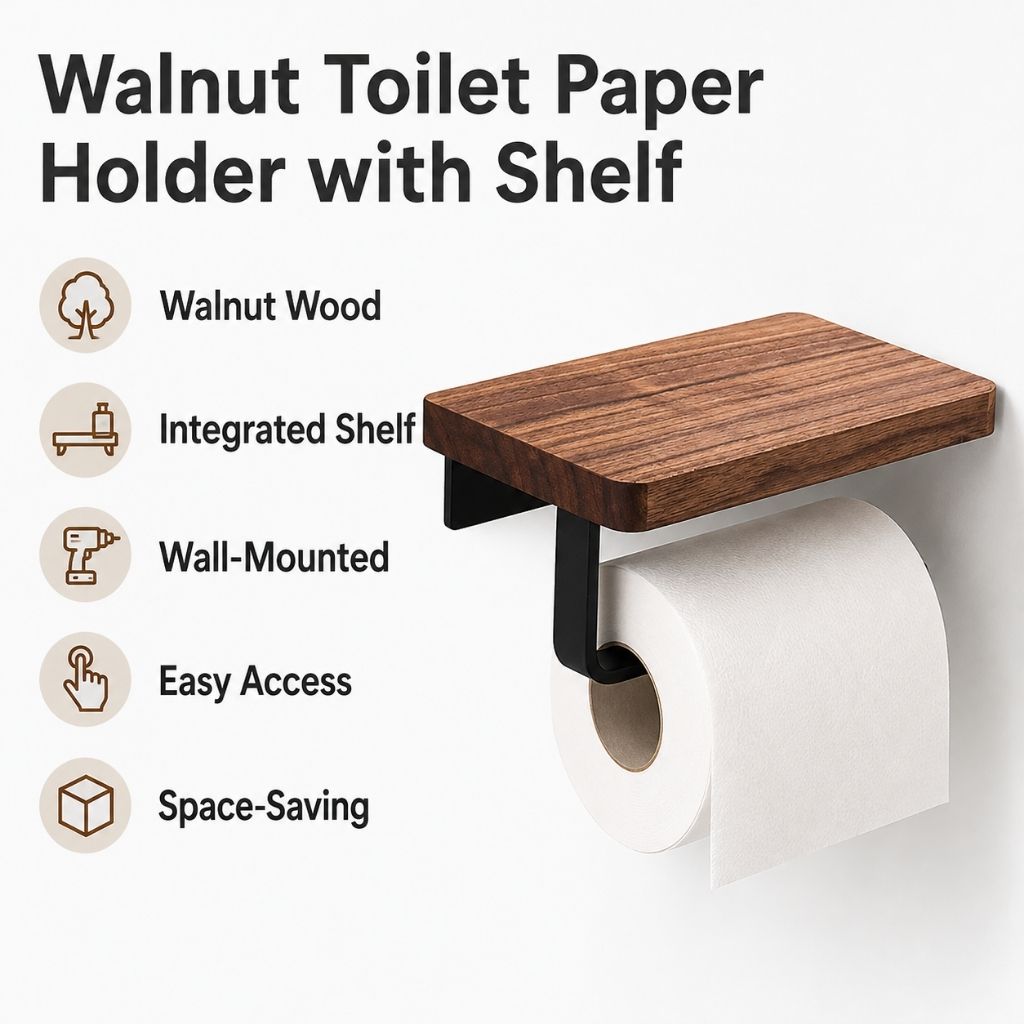 Wall-Mounted Walnut Toilet Paper Holder with Shelf - Tegulane Global