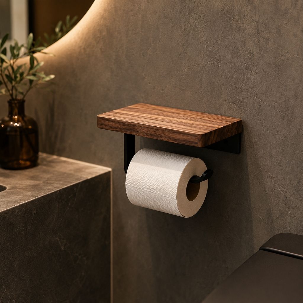 Wall-Mounted Walnut Toilet Paper Holder with Shelf - Tegulane Global