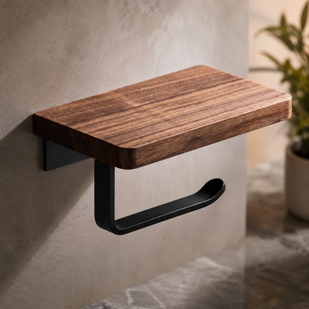 Wall-Mounted Walnut Toilet Paper Holder with Shelf - Tegulane Global