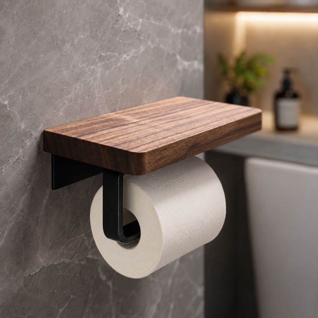 Wall-Mounted Walnut Toilet Paper Holder with Shelf - Tegulane Global